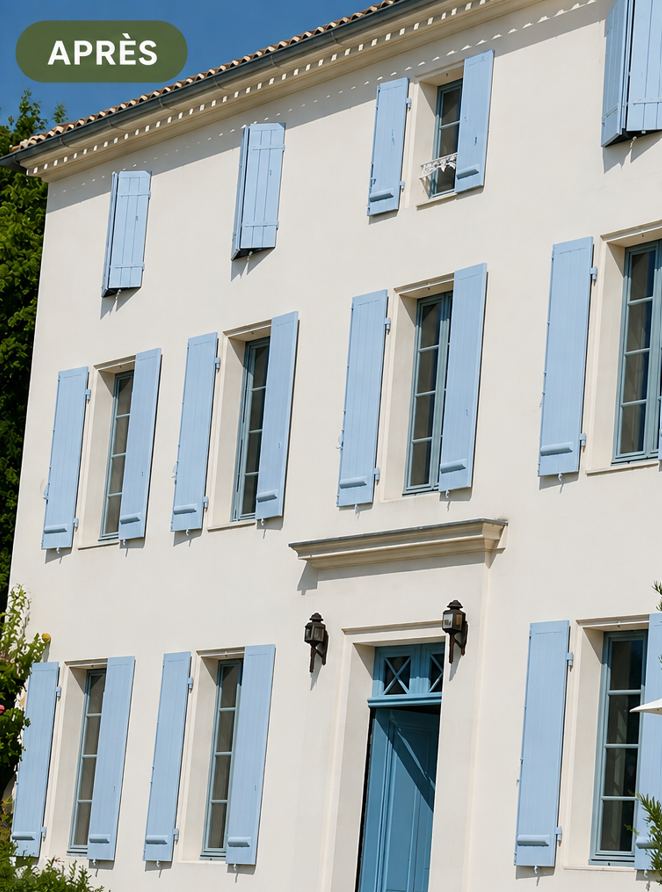 Façade & volets bleu pastel — après travaux