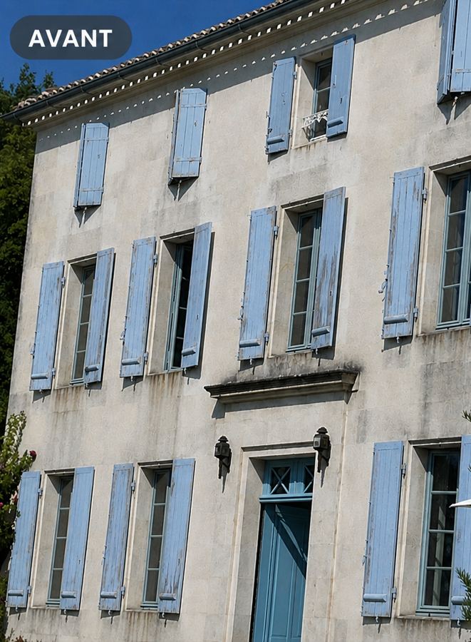 Façade & volets bleu pastel — avant travaux