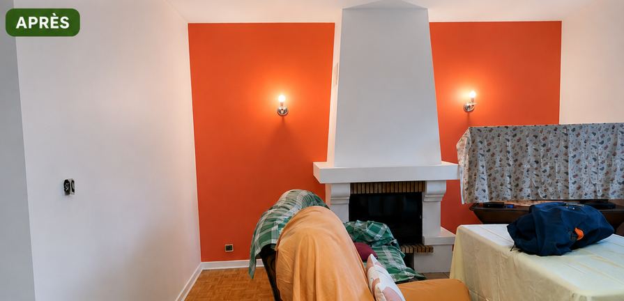 Salon — mur cheminée terracotta — après travaux